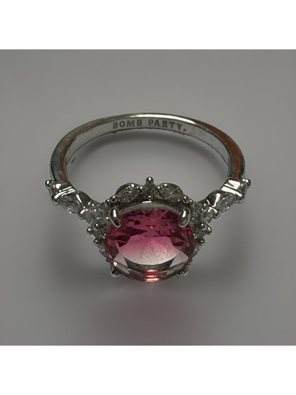 Signed Bomb Party Ring Sz 10 Pink With Clear Rhinestones Silver-Tone